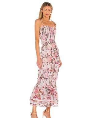 NWOT V. Chapman Pink Floral Tiered Midi Dress with Tie Straps